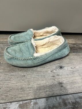 UGG Ansley Teal Suede Shearling-Lined Moccasin Slippers